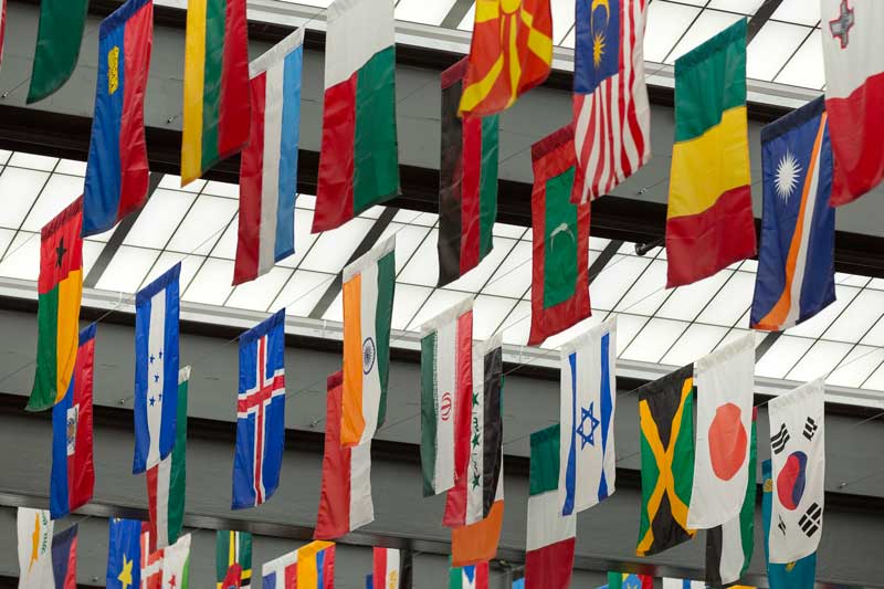 U.N. flags hanging in library