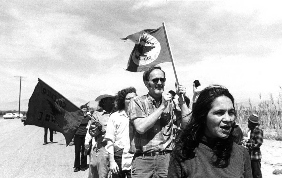 Dolores Huerta marching with supportersfor farm worker rights