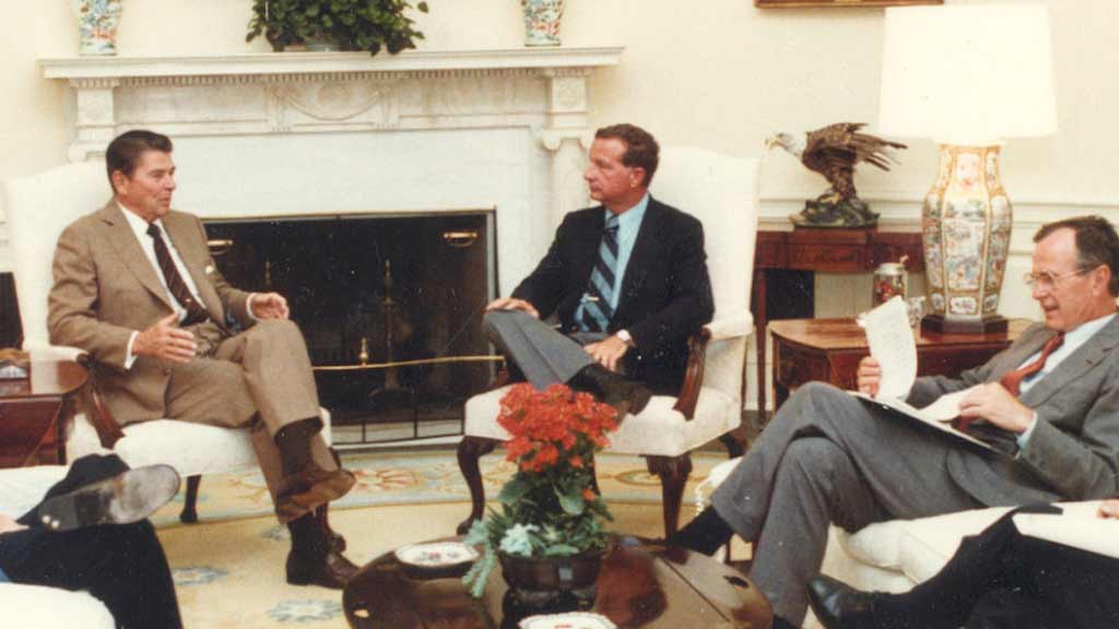 Robert Lagomarsino in Oval Office with President Reagan and Vice President George H.W. Bush