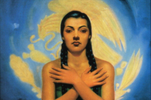 Painting of Latino women crossing her arms, with Mexican eagle in background