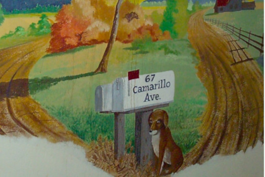Painting of dog by mailbox that says Camarillo St.
